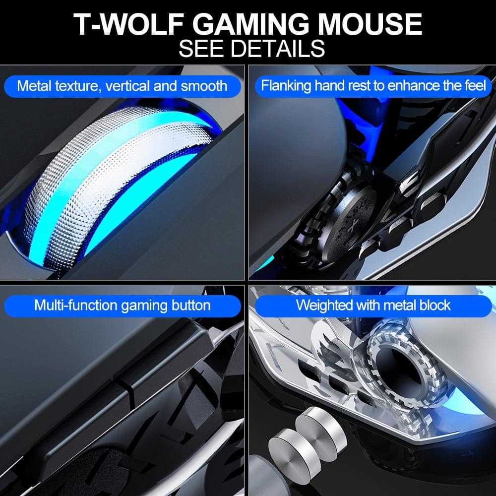 T-WOLF G530 details collage T-WOLF G530 gaming mouse details collage