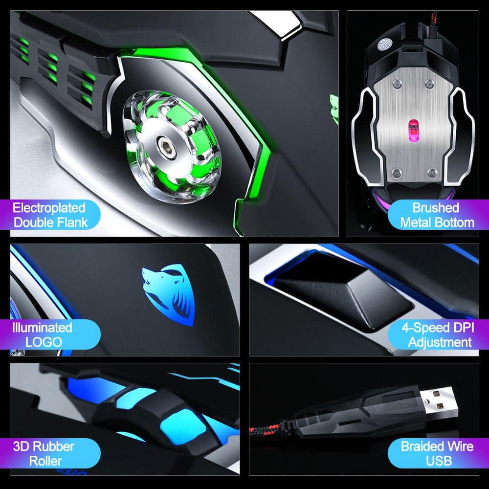 T-WOLF V6 wired gaming mouse detail collage