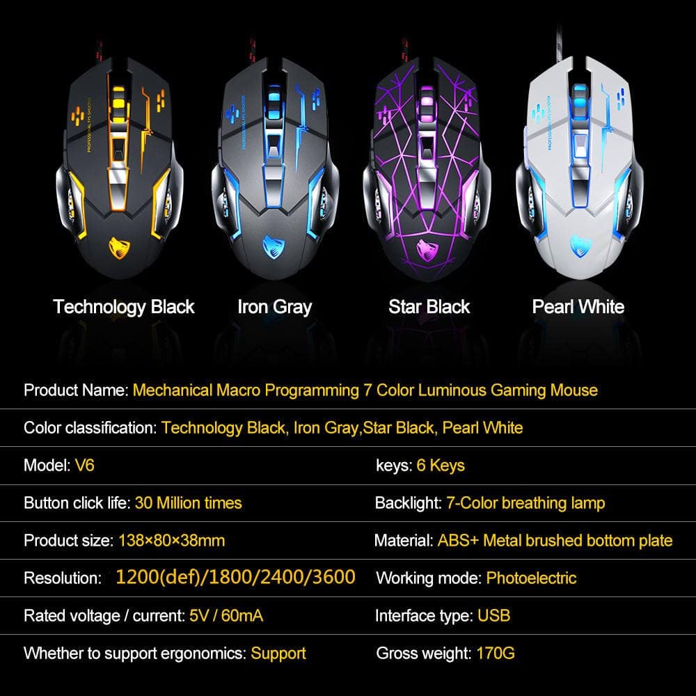 T-WOLF V6 gaming mouse color options and specifications