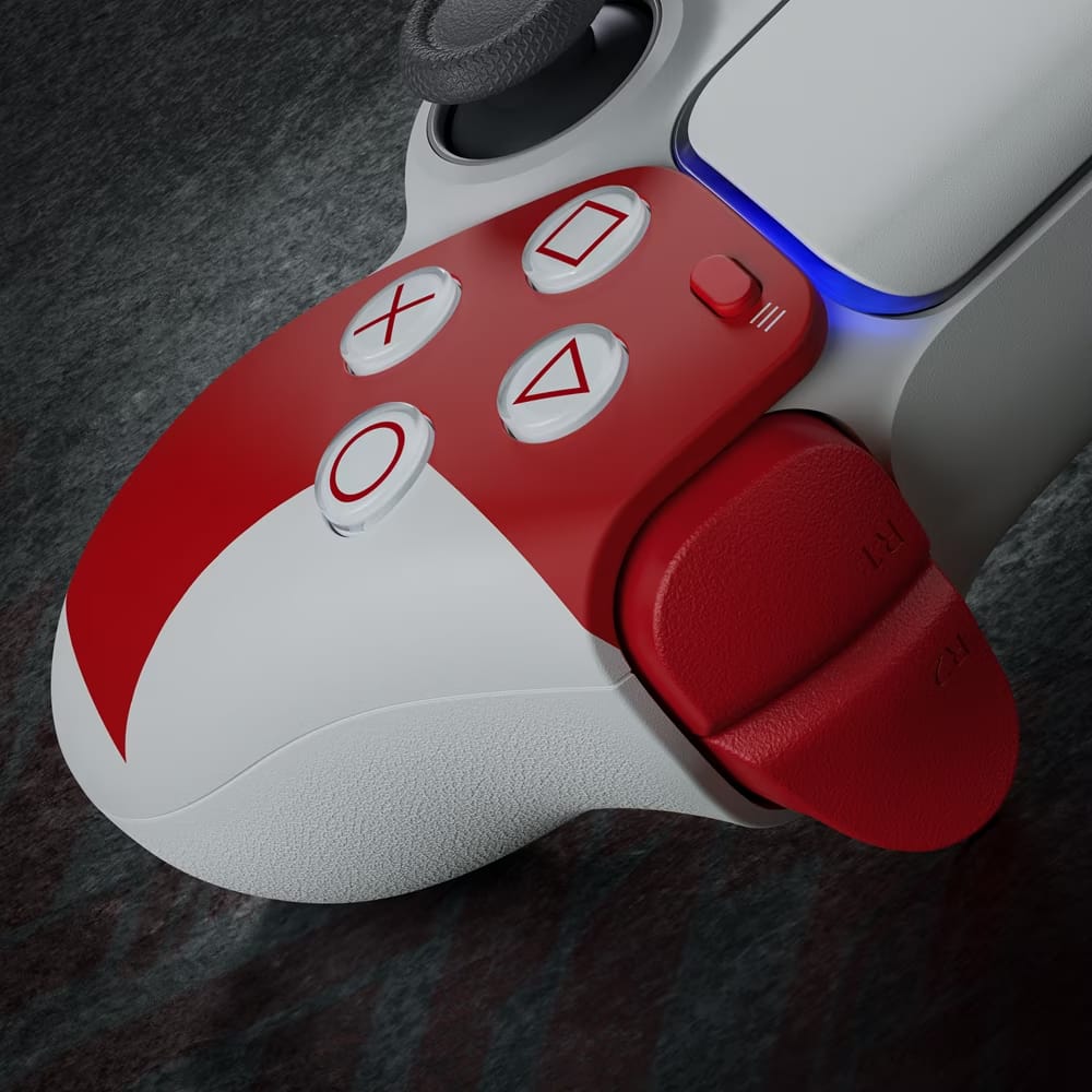 god of war 20th controller detail Close view of the crimson face buttons and triggers on the God of War 20th Anniversary controller