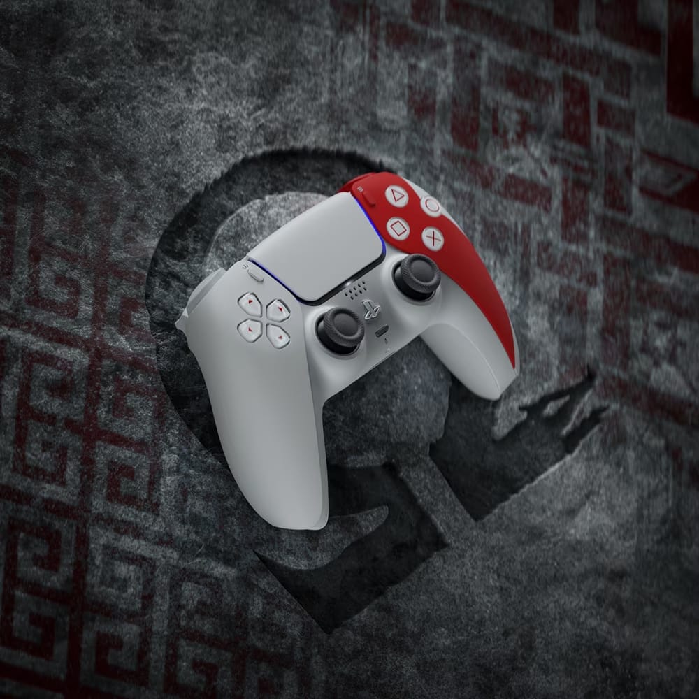 god of war 20th controller lifestyle God of War 20th Anniversary DualSense controller on a Kratos-inspired background