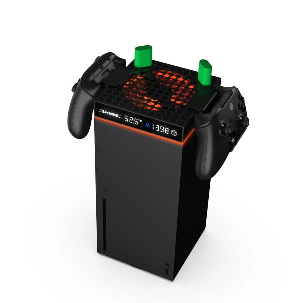 dobe tyx 3606 dual controller holders TYX-3606 cooling fan with dual controller holders on Xbox Series X; console and controllers not included