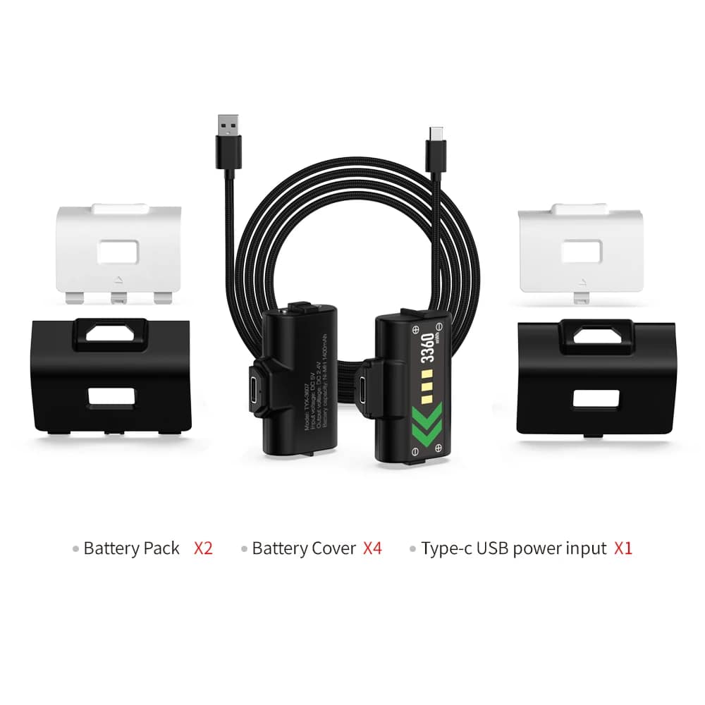 TYX-3607 battery kit contents DOBE TYX-3607 Xbox rechargeable battery kit with two packs, four covers and USB cable