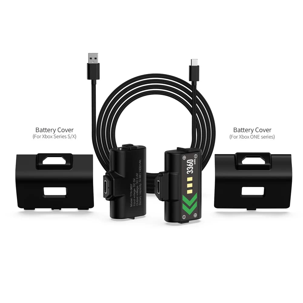 TYX-3607 black cover illustration TYX-3607 rechargeable packs, two black battery cover styles and USB cable