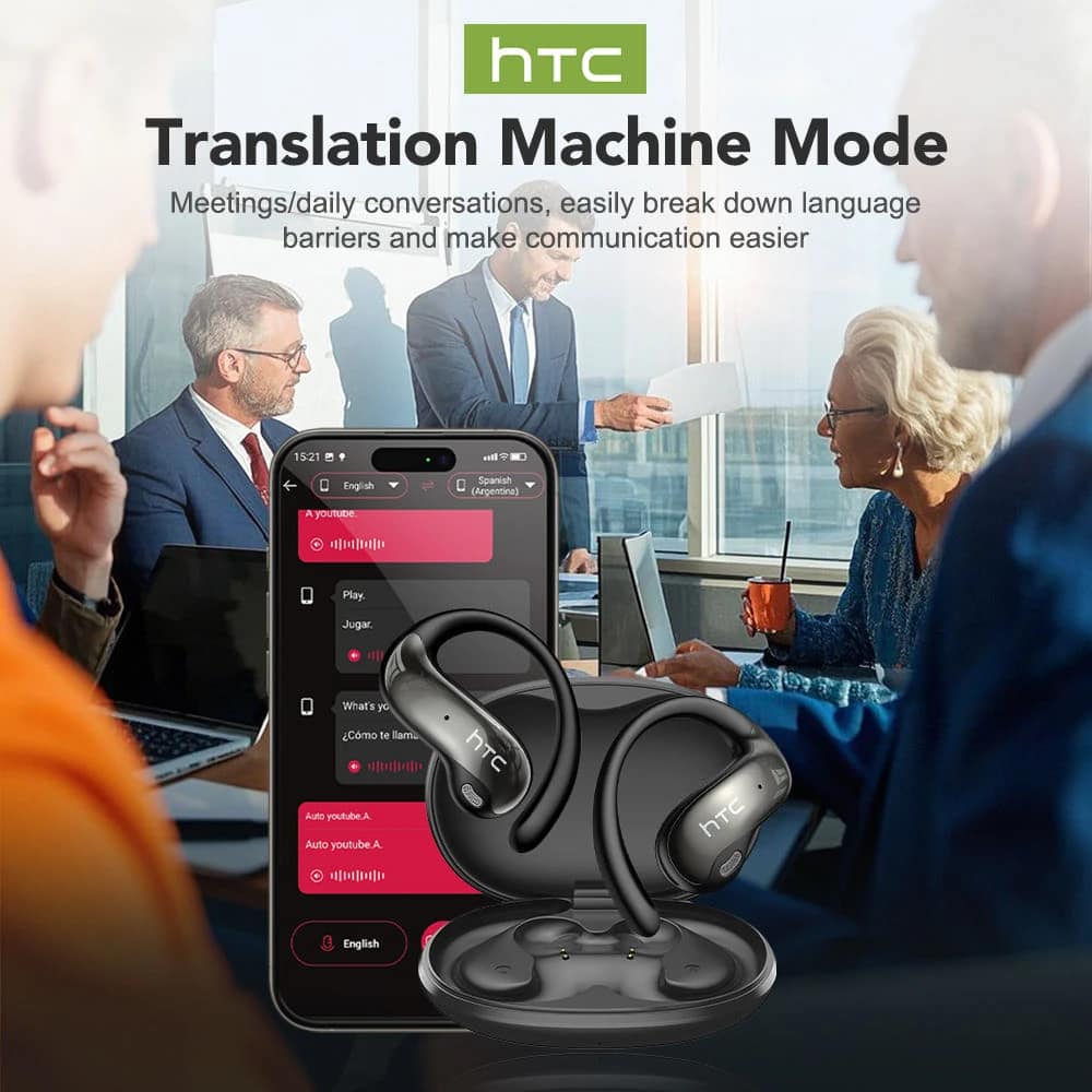 HTC NE19 earphones and companion phone app showing translation features