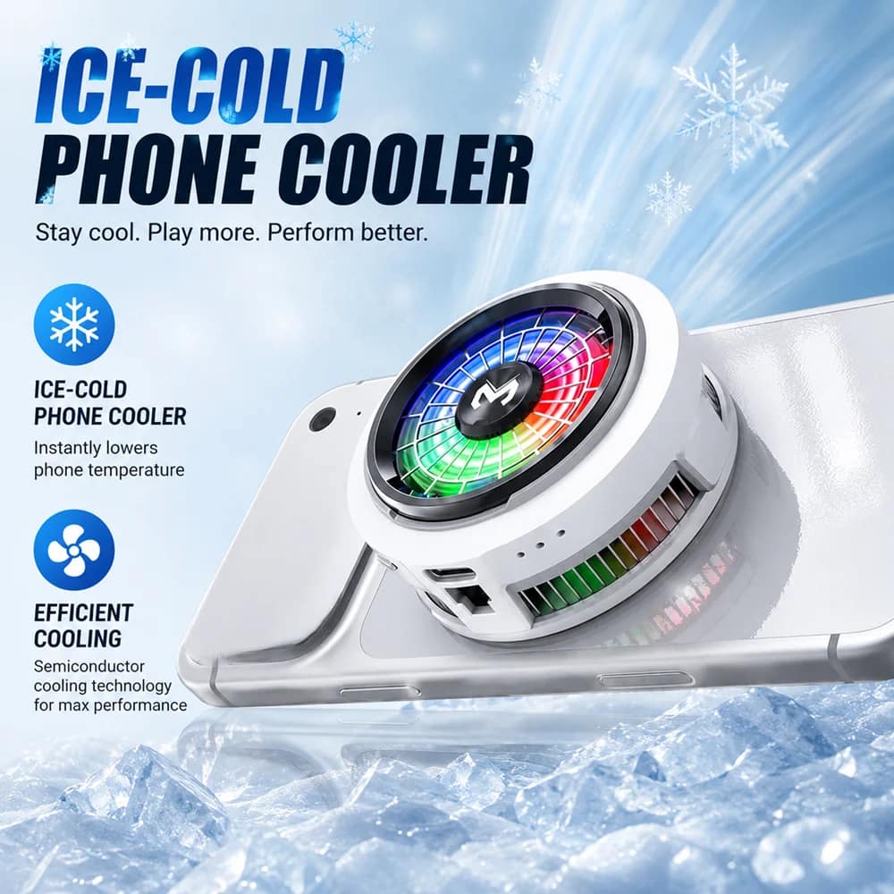 memo cx20 main white phone White MEMO CX20 magnetic phone cooler with RGB lighting attached to a phone