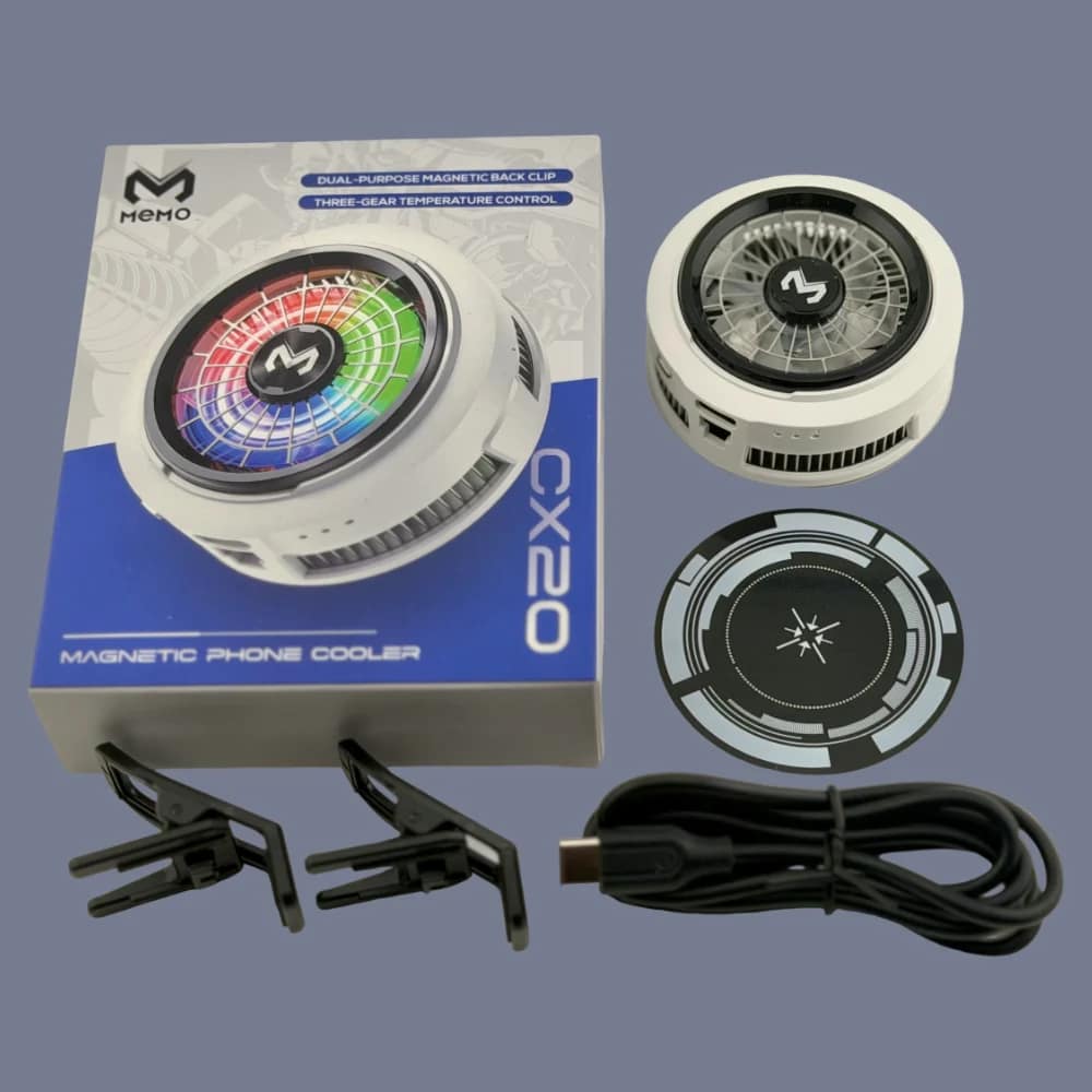 memo cx20 package accessories MEMO CX20 package with white cooler, magnetic plate, clip attachments and USB-C cable