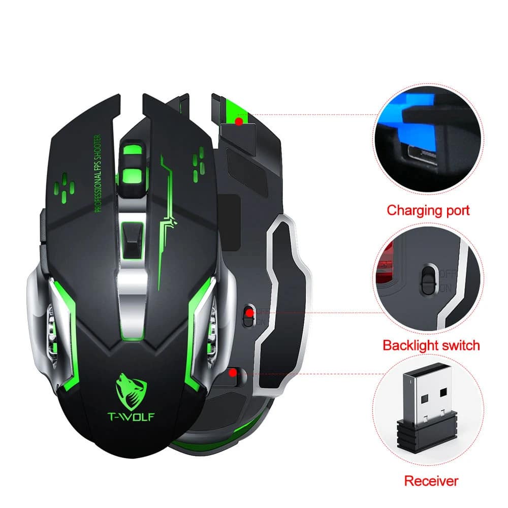 T-WOLF Q13 charging port, backlight switch and USB receiver