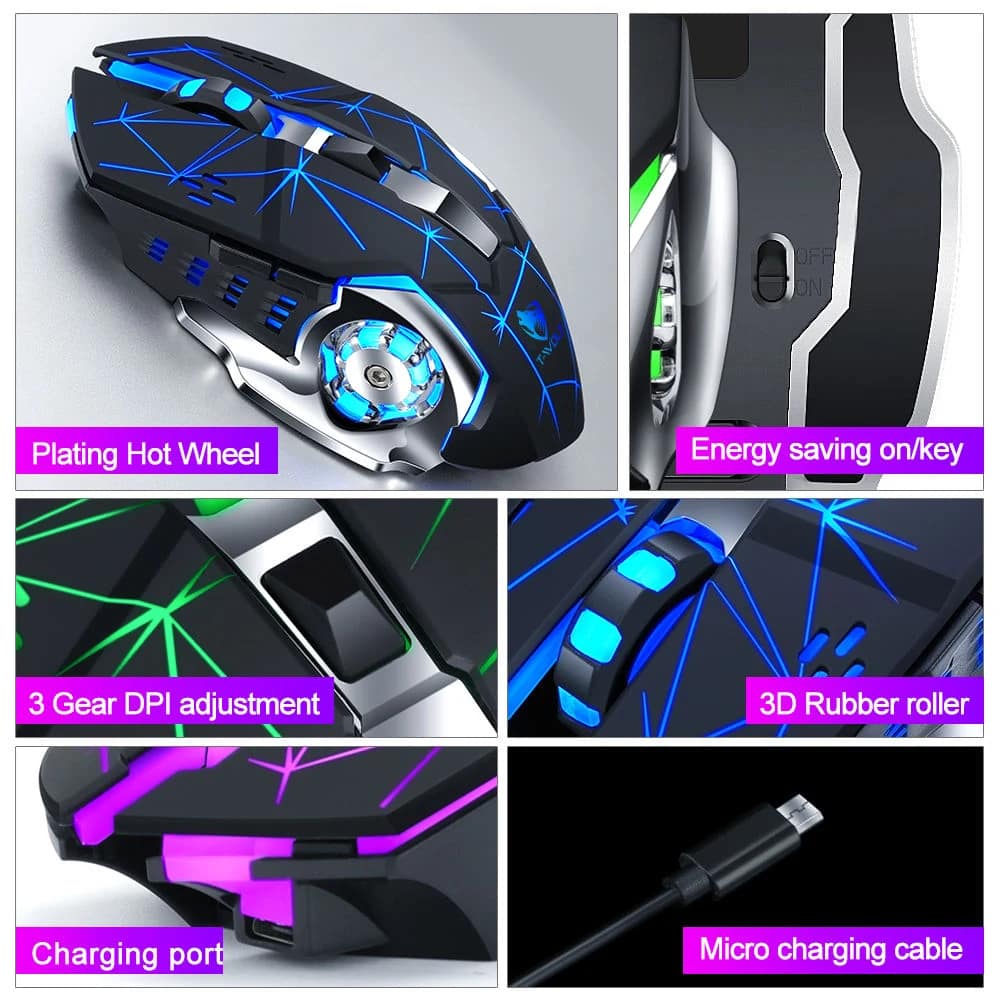 T-WOLF Q13 DPI control, scroll wheel, power switch and charging cable