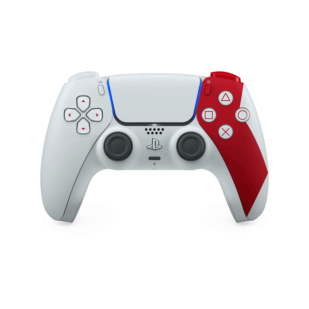 God of War 20th Anniversary PS5 DualSense controller with red Kratos stripe
