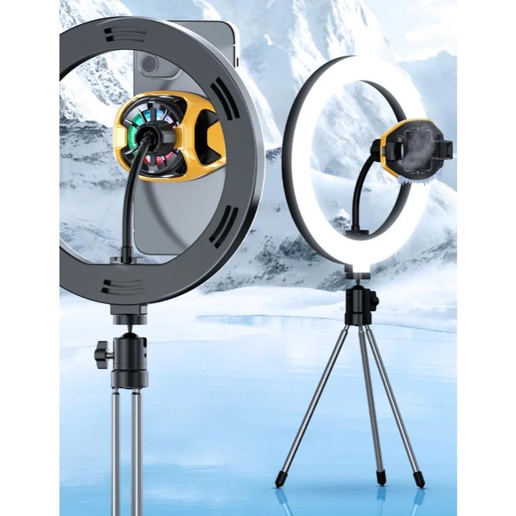 Yellow MEMO DL22 phone cooler mounted inside a compatible ring-light stand