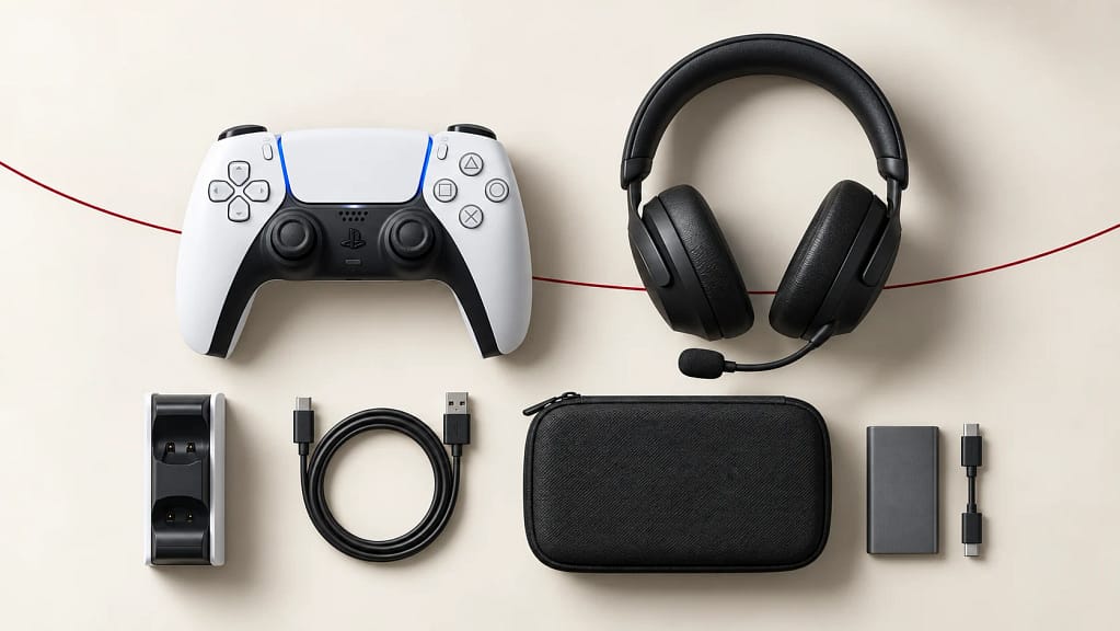 Gaming controller, headset, charging dock, cables, carrying case and storage drive