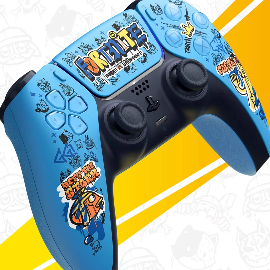 fortnite dualsense controller detail fishstick Close view of Fishstick artwork on the Fortnite Limited Edition DualSense controller