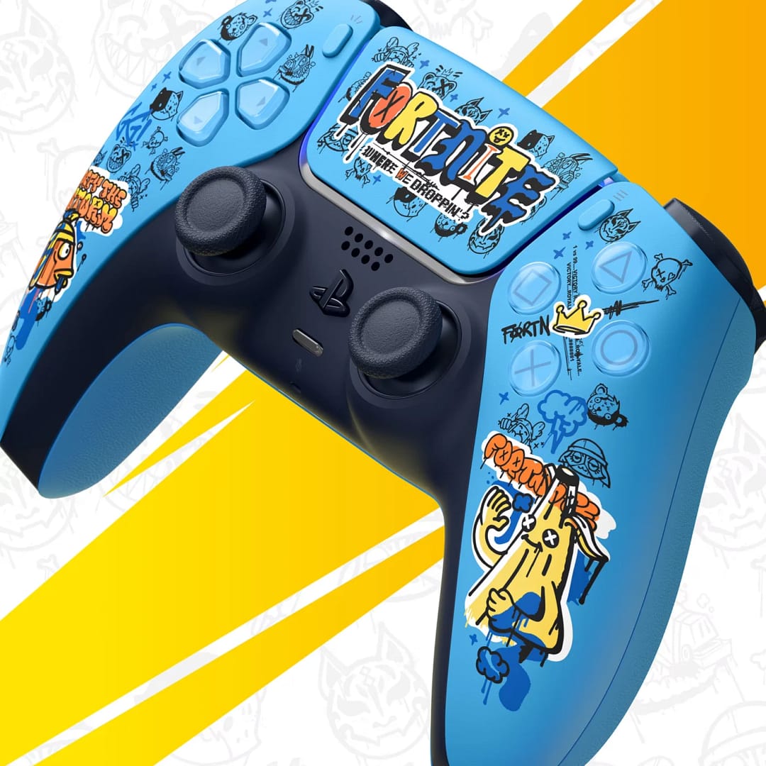 fortnite dualsense controller detail peely Close view of Peely artwork on the Fortnite Limited Edition DualSense controller