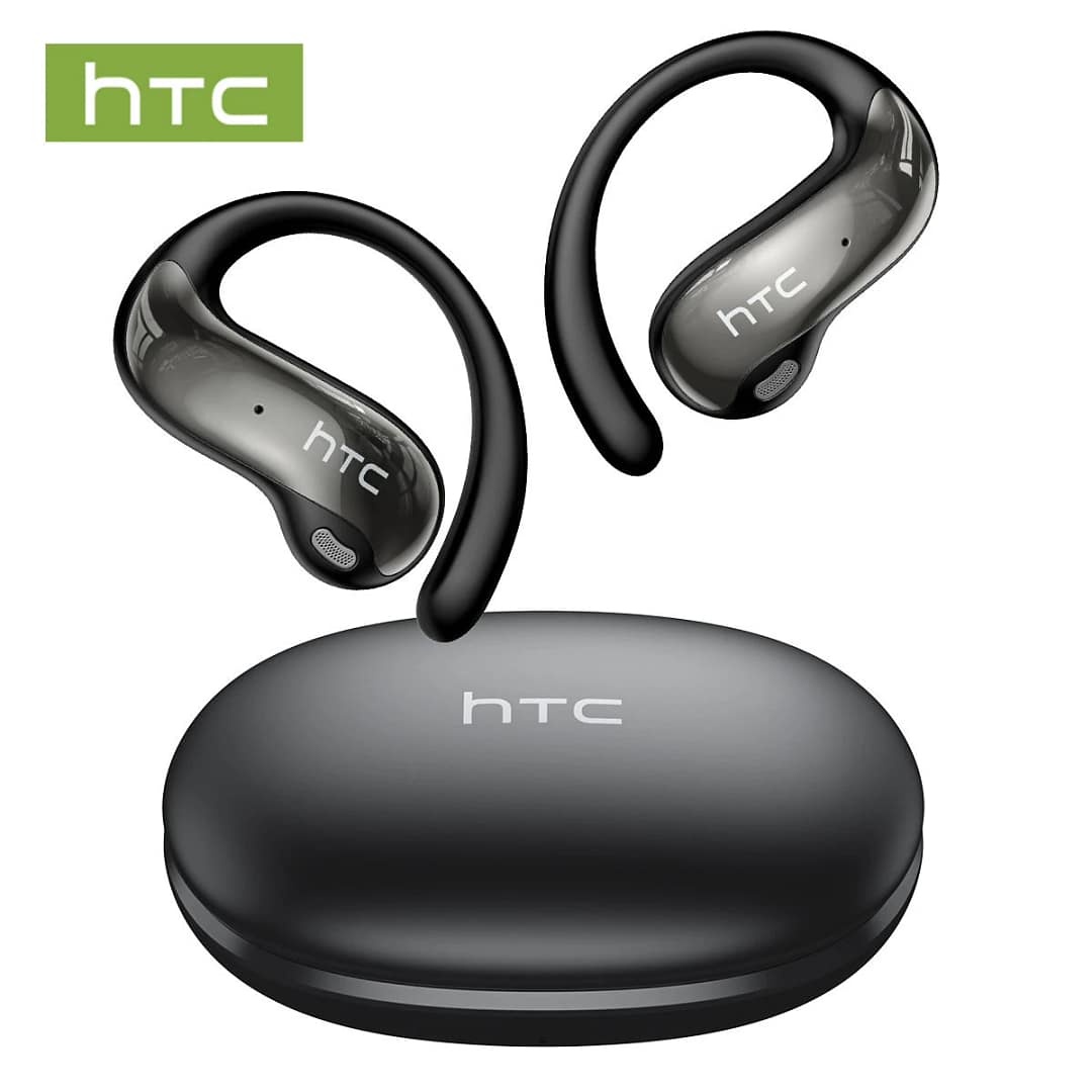 HTC NE19 black open-ear earphones with earhooks and charging case