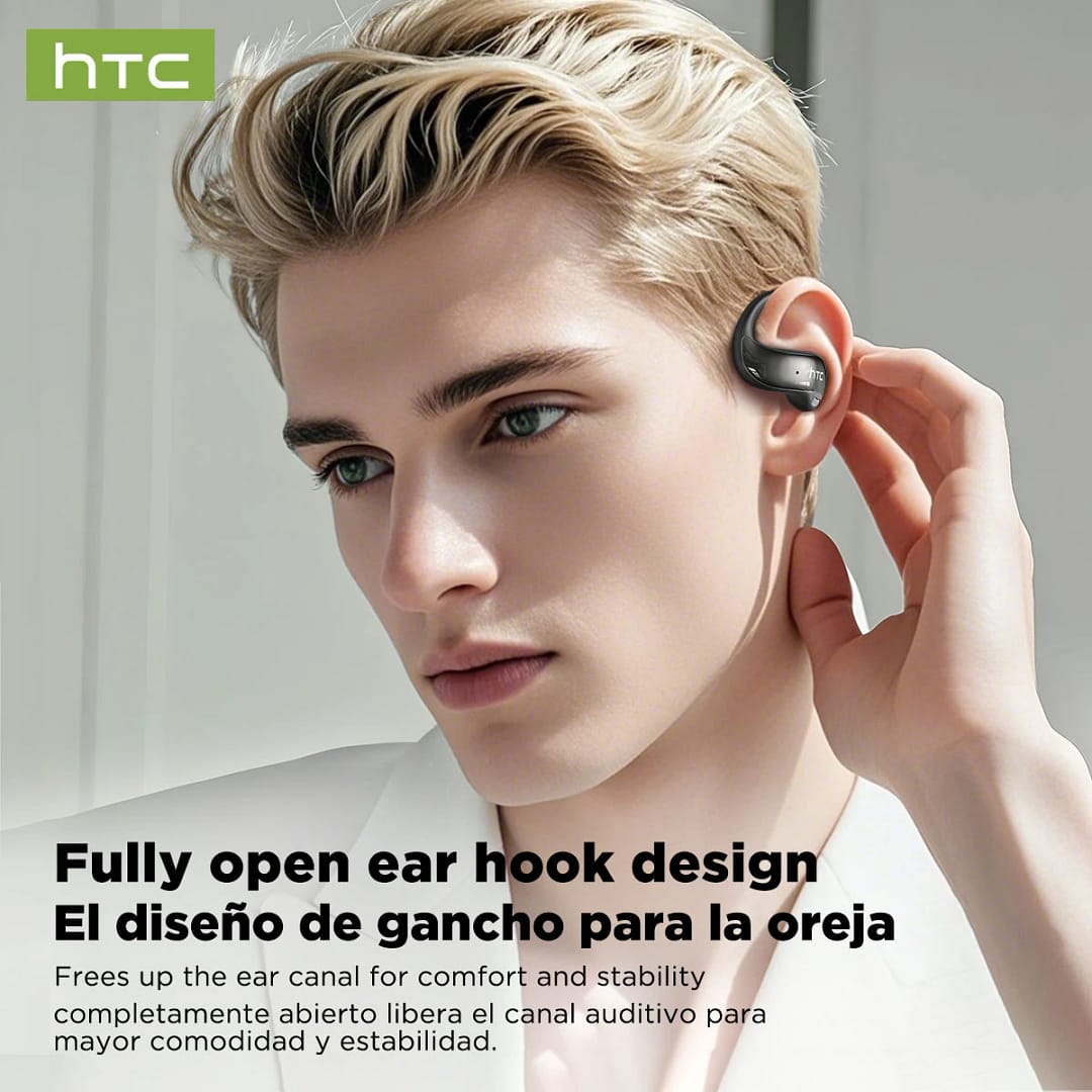 HTC NE19 black open-ear earphone shown being worn