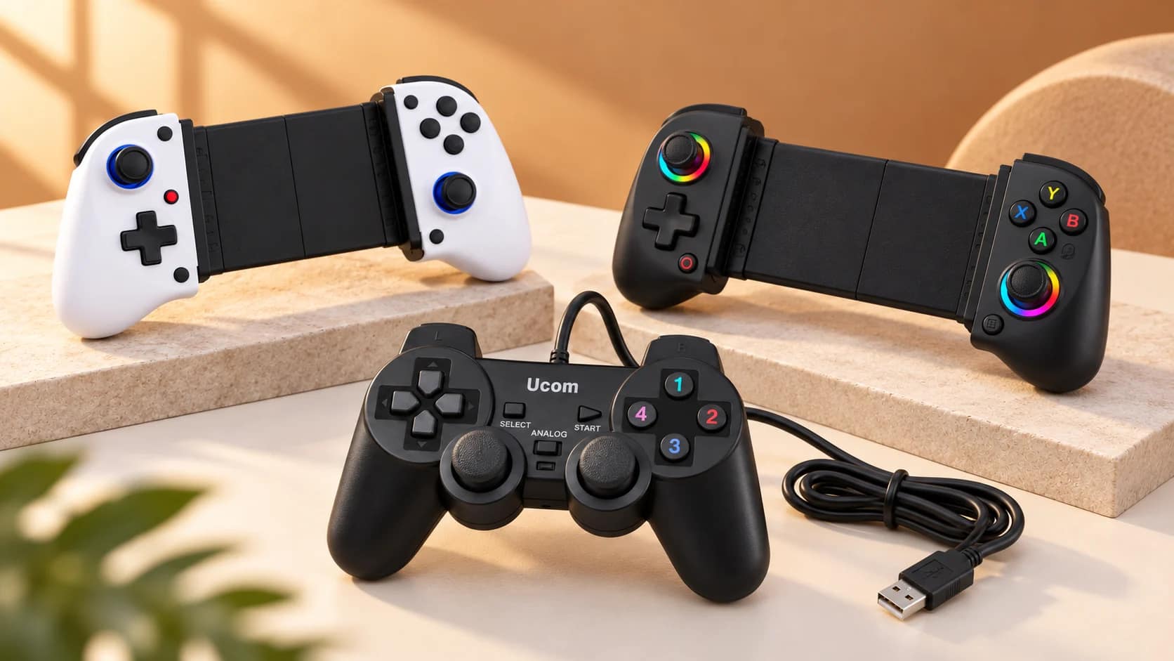 Illustration of mobile and PC gaming controllers on a warm orange background