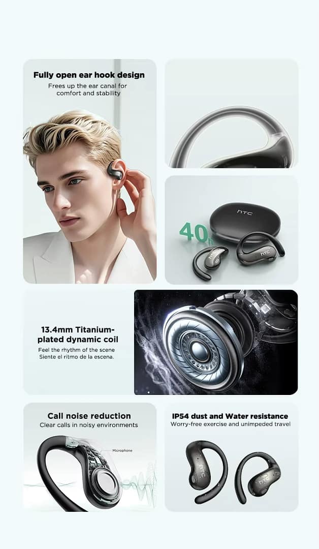 HTC NE19 supplier feature overview with earhook fit, call noise reduction and sound graphics