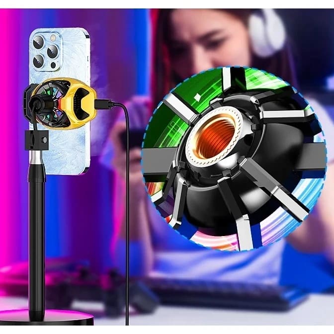 Yellow MEMO DL22 phone cooler mounted with a compatible live-stream stand