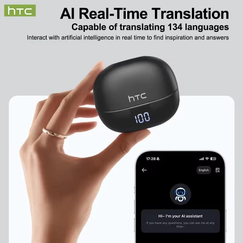 HTC NE47 charging case and companion phone app showing AI translation features
