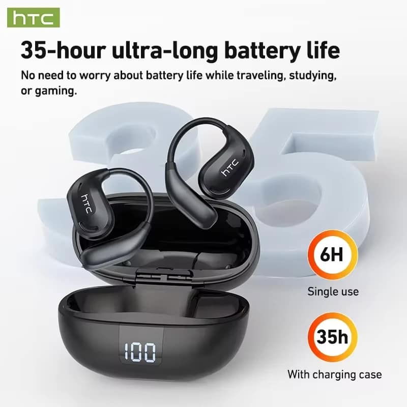 HTC NE47 black earphones in charging case with supplier battery-life graphic