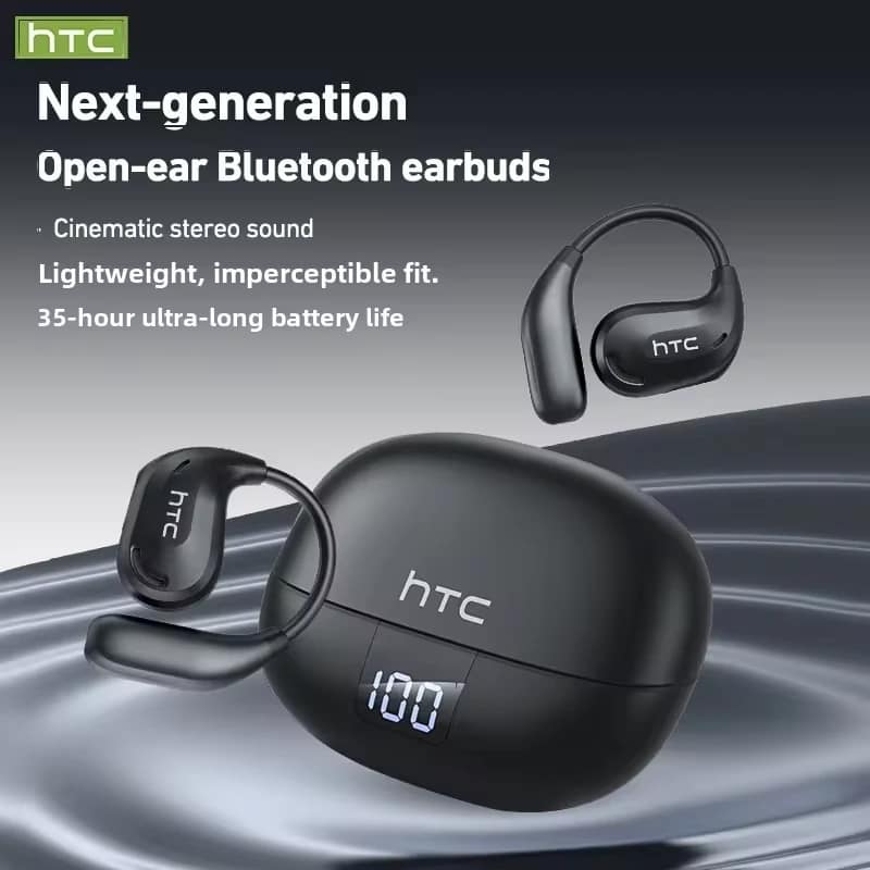 HTC NE47 black open-ear earphones and digital-display charging case