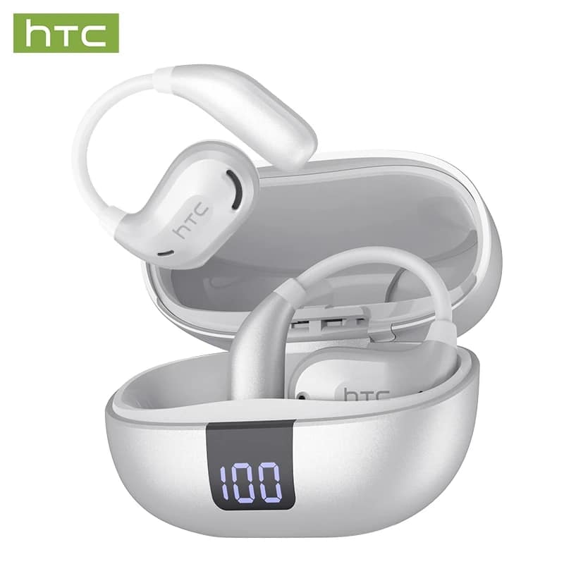 HTC NE47 silver open-ear earphones with open charging case