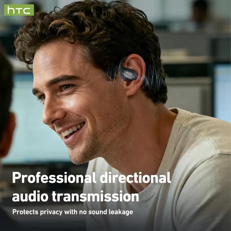 HTC NE47 open-ear earhook design shown being worn