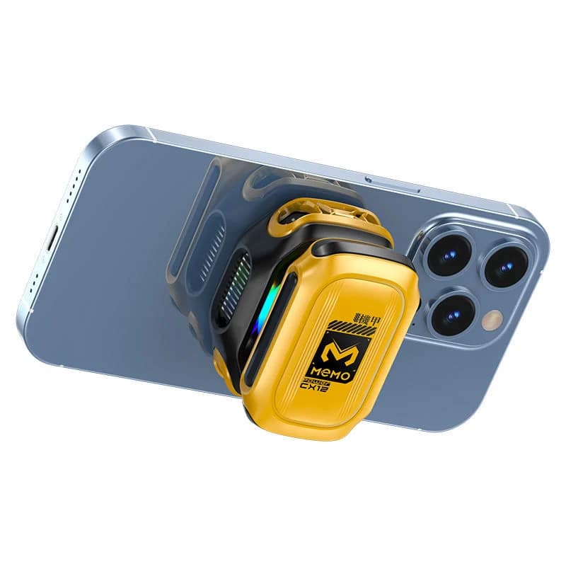 MEMO CX12 yellow magnetic phone cooler with detachable battery attached to a phone