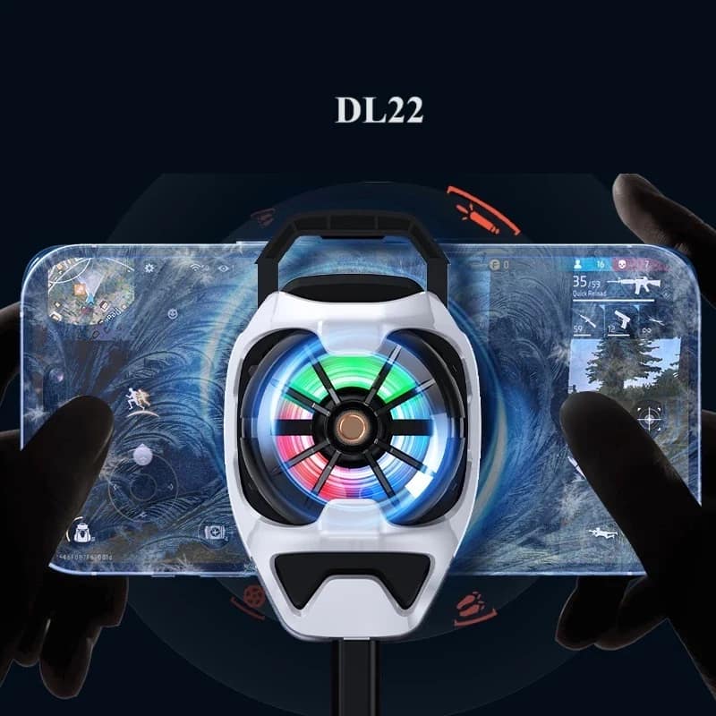 White MEMO DL22 RGB phone cooler attached during mobile gaming