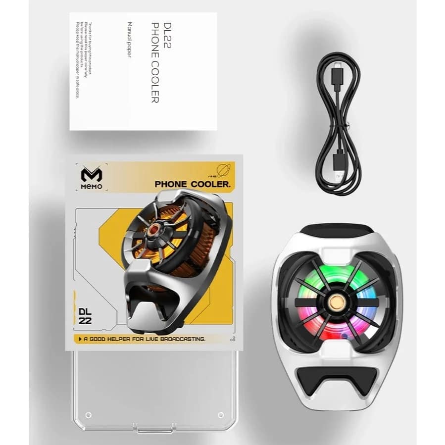 MEMO DL22 package with phone cooler, USB Type-C cable, documentation and retail box