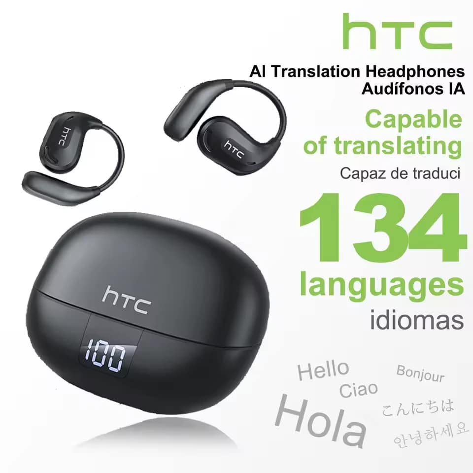 HTC NE47 black open-ear earphones and charging case with AI translation feature graphic