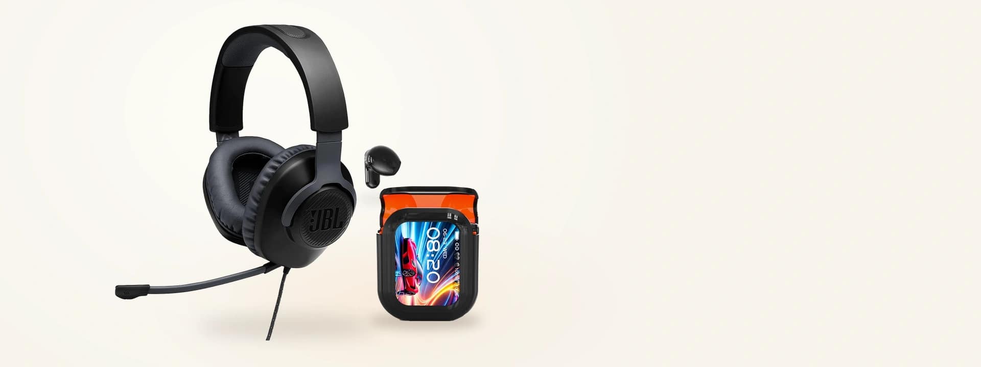 JBL gaming headset beside HTC earbuds and a display charging case