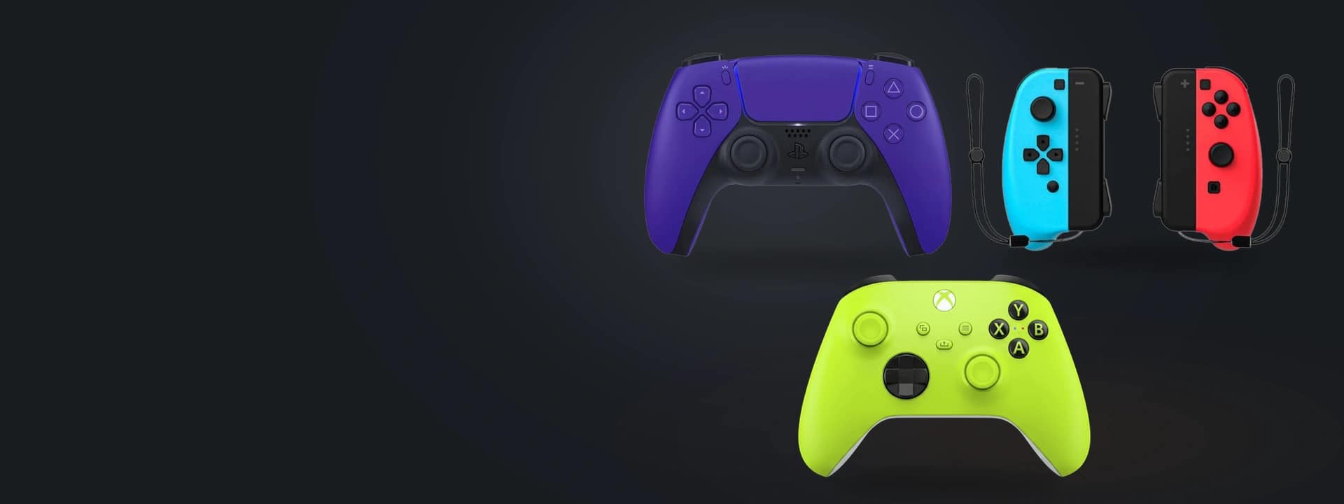 Purple PlayStation controller, Nintendo Joy-Con controllers and green Xbox controller