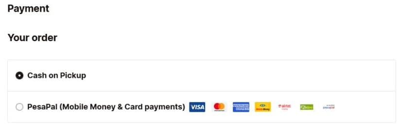 Checkout payment choices with the PesaPal option highlighted