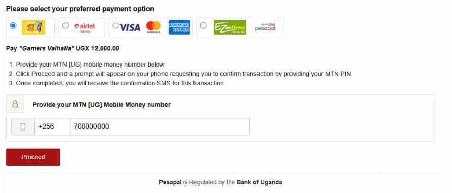 MTN Mobile Money payment screen showing the MTN option, phone-number field and Proceed button