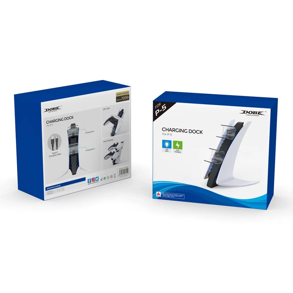 DOBE TP5-0557 PS5 retail packaging DOBE TP5-0557 PS5 controller charging dock - front and rear of the dobe tp5-0557 retail packaging
