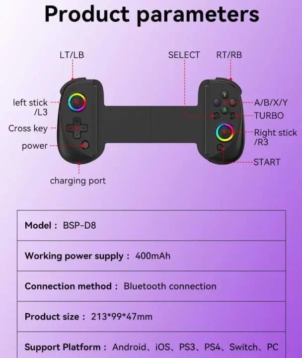 BSP-D8 Mobile Bluetooth Game Controller - Compatible with iOS, Android, Switch, and PC - Image 6