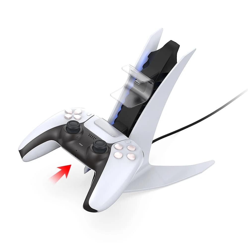 DOBE TP5-0557 PS5 controller placement DOBE TP5-0557 PS5 controller charging dock - illustration of a dualsense controller being placed in the lower holder