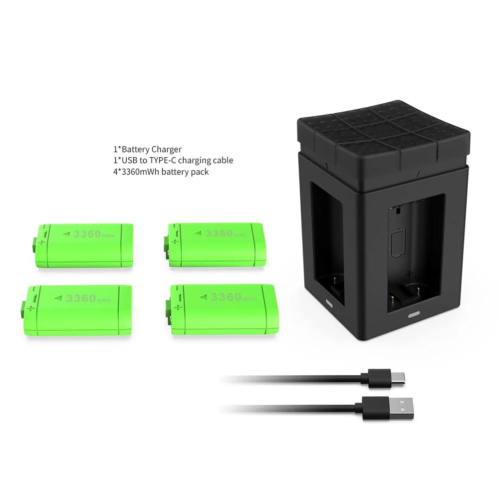 TYX-3610 charger, four 3360mWh battery packs and USB-A to USB-C cable
