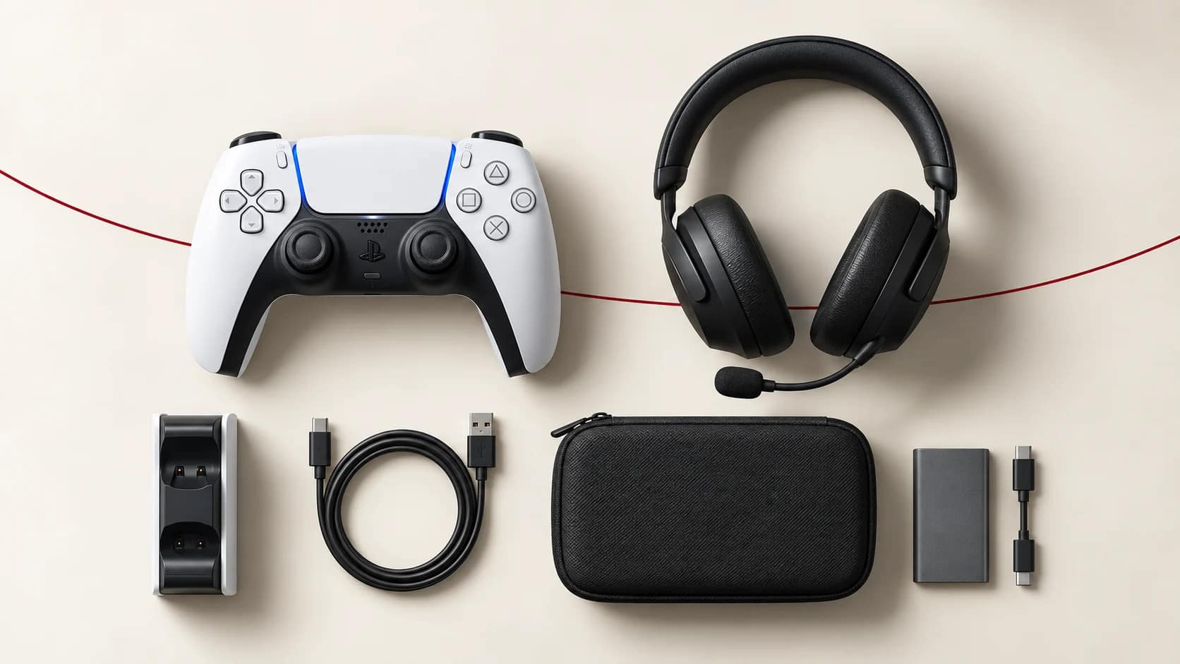 Gaming controller, headset, charging dock, cables, carrying case and storage drive