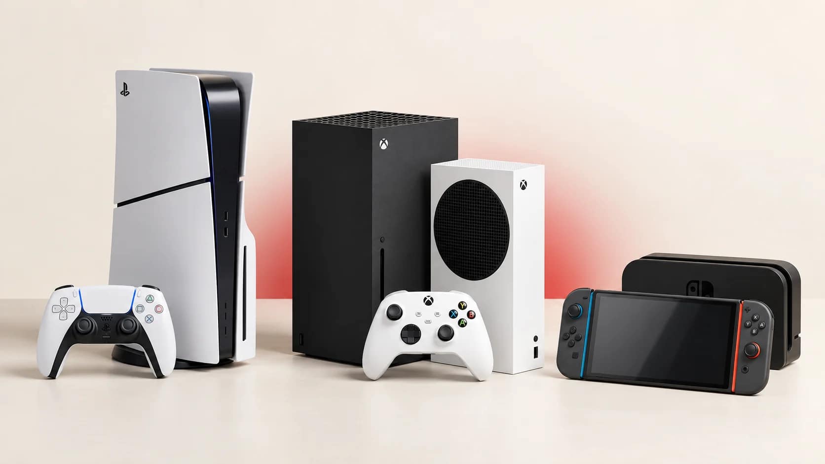 PlayStation, Xbox and Nintendo consoles arranged for comparison