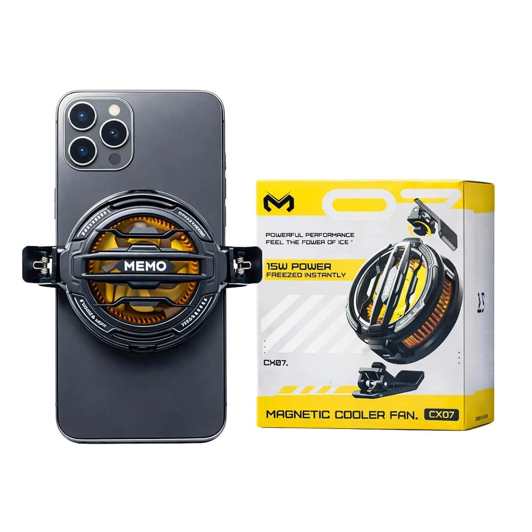 MEMO CX07 magnetic and clip-on phone cooler attached to a phone beside its package