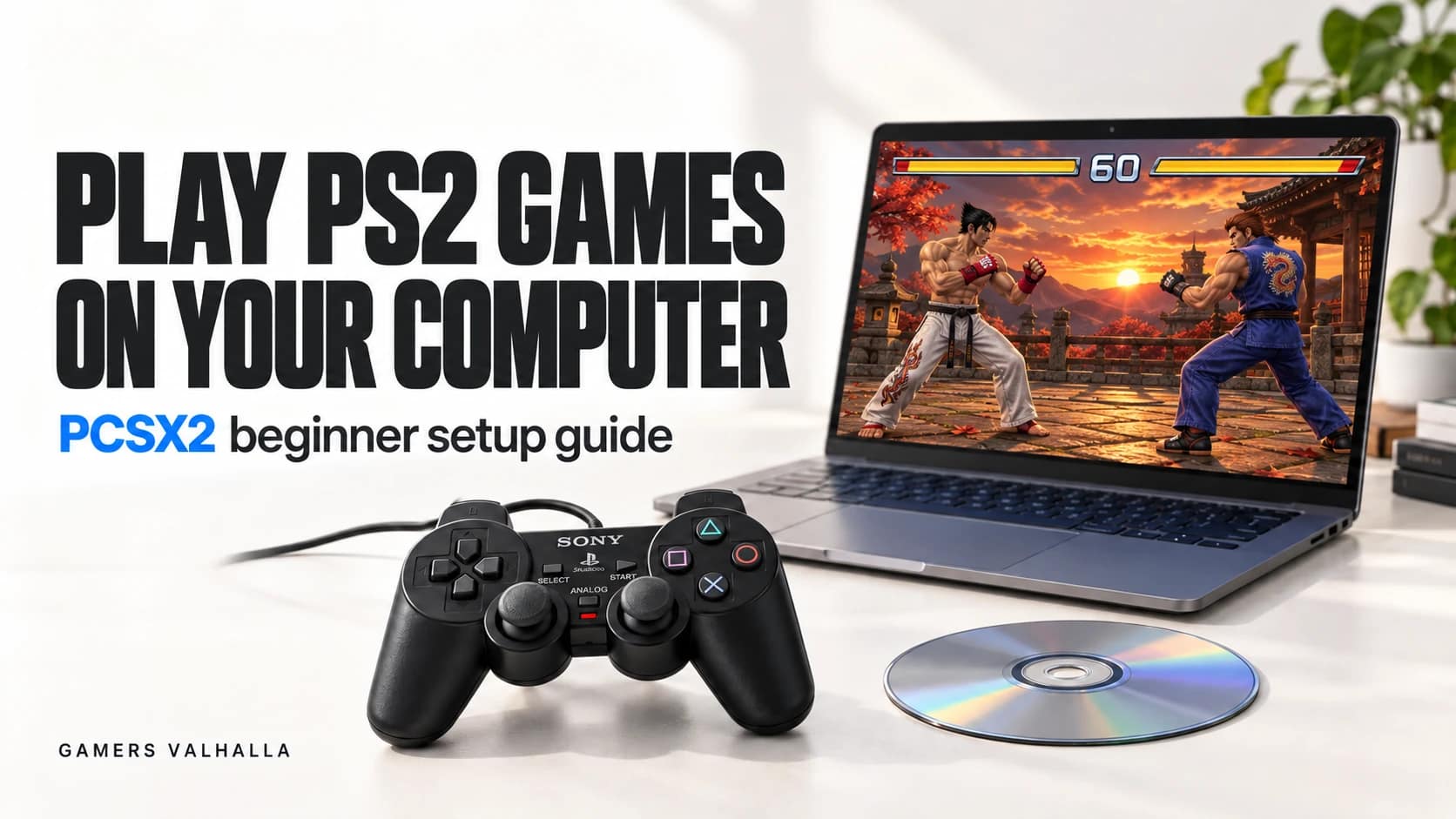 Play PS2 games on your computer: laptop displaying an illustrated fighting game beside a controller and disc