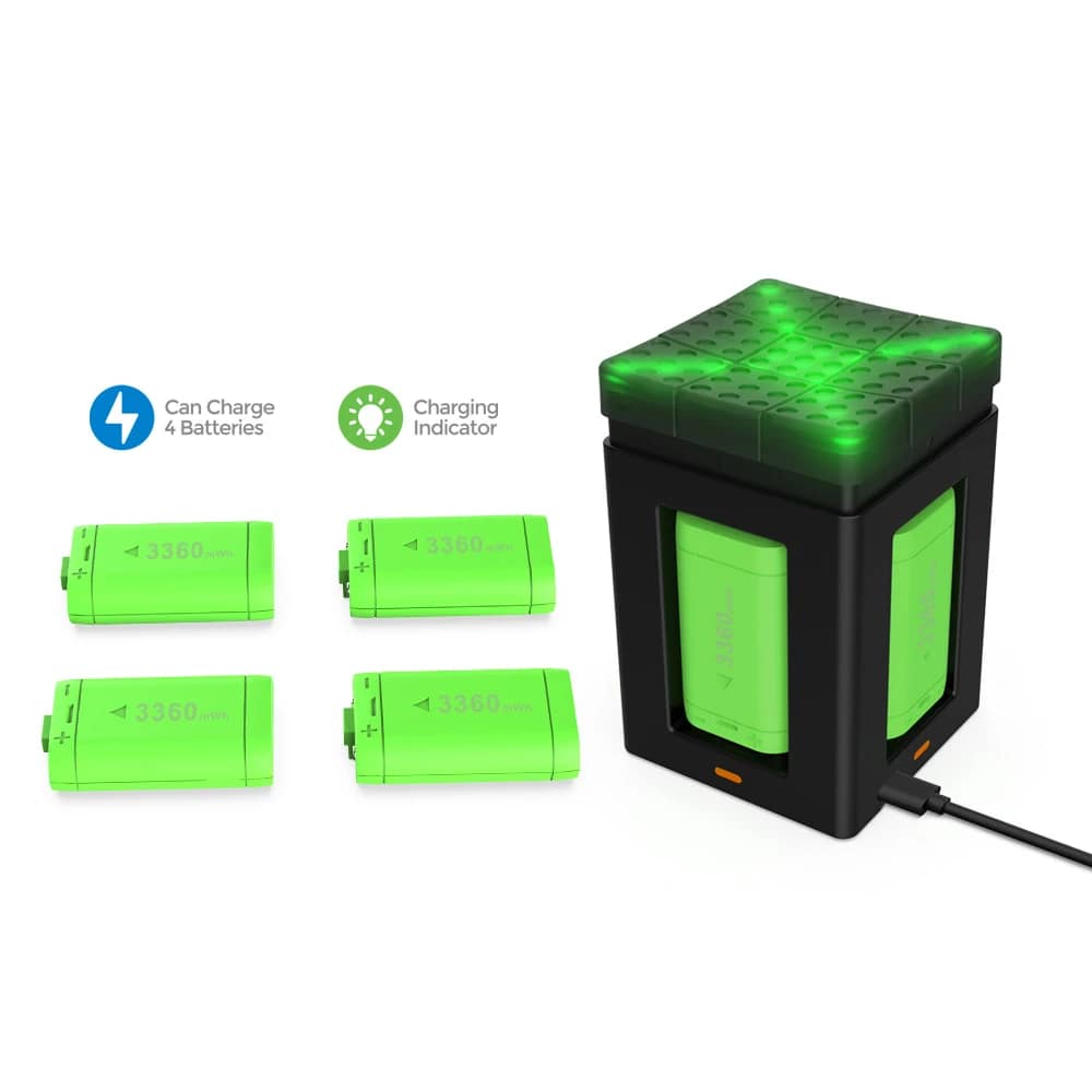 Four green rechargeable battery packs and USB-powered charger