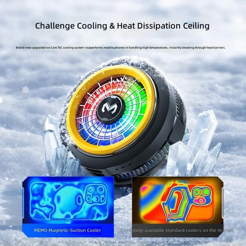 Supplier illustration comparing MEMO CX20 TEC cooling with a standard phone cooler